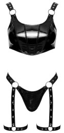 Black Level - Czarny Winylowy Komplet Top I Stringi Z Pasem Do Pończoch XL Black Level