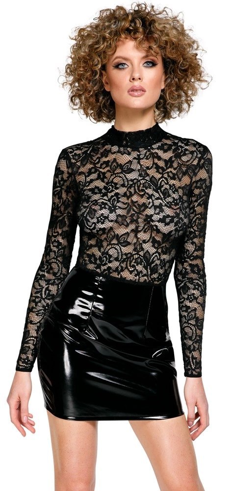 Black Level - Winylowa Mini Sukienka Z Dodatkiem Eleganckiej Koronki Czarna XL Black Level Black Level - Winylowa Mini Sukienka Z Dodatkiem Eleganckiej Koronki Czarna XL Black Level
