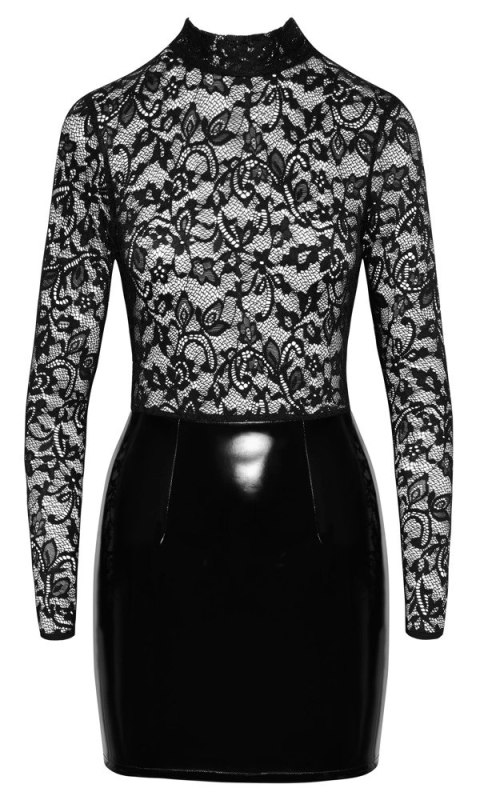 Black Level - Winylowa Mini Sukienka Z Dodatkiem Eleganckiej Koronki Czarna XL Black Level Black Level - Winylowa Mini Sukienka Z Dodatkiem Eleganckiej Koronki Czarna XL Black Level