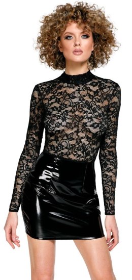 Black Level - Winylowa Mini Sukienka Z Dodatkiem Eleganckiej Koronki Czarna L Black Level