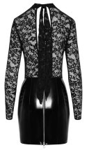 Black Level - Winylowa Mini Sukienka Z Dodatkiem Eleganckiej Koronki Czarna M Black Level