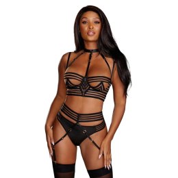 Dreamgirl - Przezroczysty biustonosz w paski, pas do pończoch i zestaw stringów - M Dreamgirl