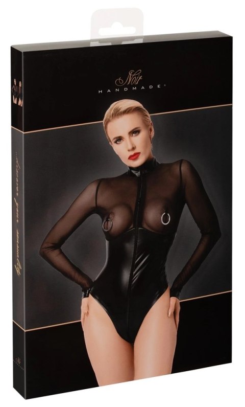 Noir - Seksowne Matowe Body Z Dodatkiem Siateczki I Pierścieniami Na Sutkach S Noir Noir - Seksowne Matowe Body Z Dodatkiem Siateczki I Pierścieniami Na Sutkach S Noir