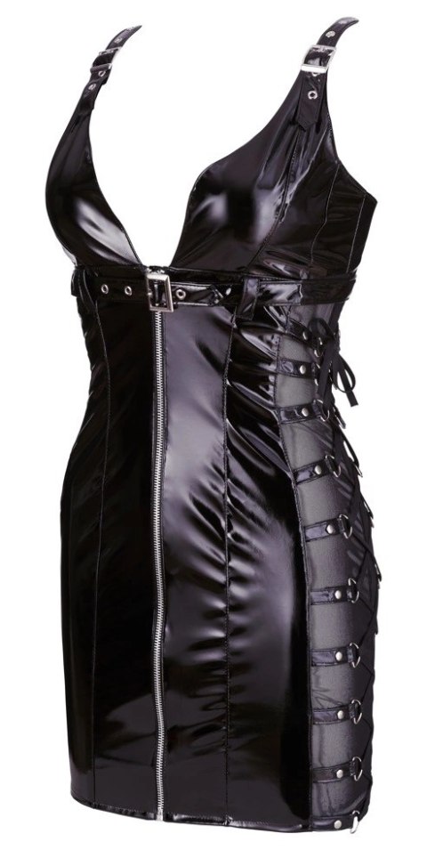 Black Level - Czarna Vinylowa Sukienka Z Siateczką Po Bokach S Black Level