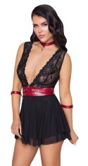 Cottelli Bondage - Seksowna Czarna Babydoll Z Czerwoną Obrożą Pasem I Mankietami S Cottelli BONDAGE