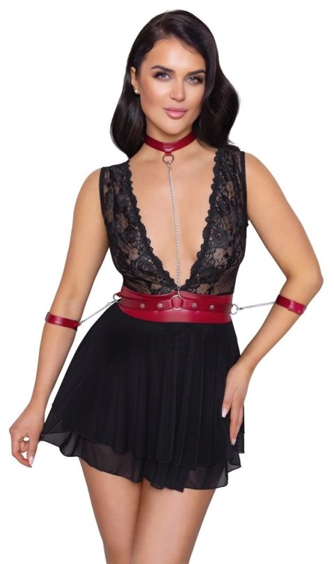 Cottelli Bondage - Seksowna Czarna Babydoll Z Czerwoną Obrożą Pasem I Mankietami S Cottelli BONDAGE Cottelli Bondage - Seksowna Czarna Babydoll Z Czerwoną Obrożą Pasem I Mankietami S Cottelli BONDAGE