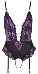 Cottelli LINGERIE - Body Z Fioletowej Koronki Z Paskami Do Pończoch Bez Krocza M Cottelli LINGERIE