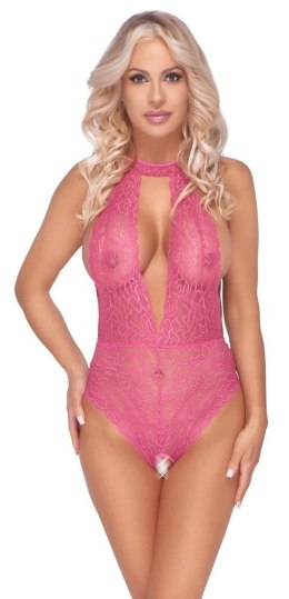 Cottelli LINGERIE - Różowe Koronkowe Body Z Otwartym Kroczem L/XL Cottelli LINGERIE