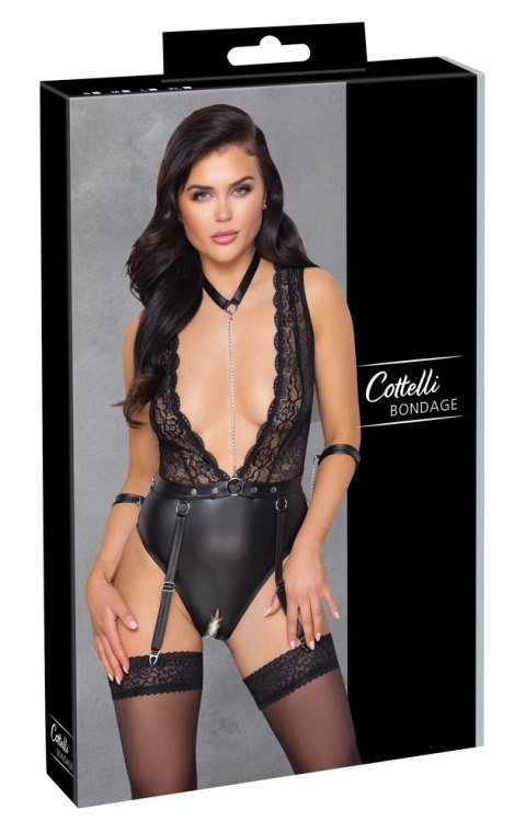 Cottelli Bondage - Seksowne Body Z Mankietami Obrożą I Paskami Do Pończoch L Cottelli BONDAGE Cottelli Bondage - Seksowne Body Z Mankietami Obrożą I Paskami Do Pończoch L Cottelli BONDAGE