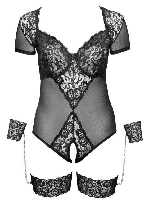 Cottelli Bondage - Siateczkowe Body Z Seksowną Koronką Bez Kroku Z Mankietami 90E/XL Cottelli BONDAGE Cottelli Bondage - Siateczkowe Body Z Seksowną Koronką Bez Kroku Z Mankietami 90E/XL Cottelli BONDAGE