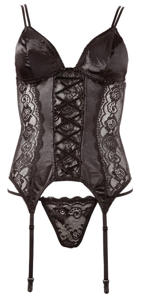 Cottelli LINGERIE - Koronkowa Koszulka Z Paskami Do Pończoch + Stringi Czarne M Cottelli LINGERIE Cottelli LINGERIE - Koronkowa Koszulka Z Paskami Do Pończoch + Stringi Czarne M Cottelli LINGERIE