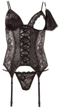 Cottelli LINGERIE - Koronkowa Koszulka Z Paskami Do Pończoch + Stringi Czarne M Cottelli LINGERIE