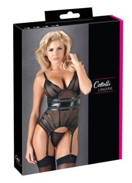 Cottelli LINGERIE - Seksowna Siateczkowa Koszulka Z Paskami Do Pończoch + Stringi Czarne M Cottelli LINGERIE