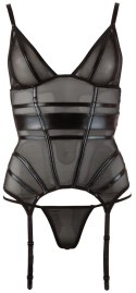 Cottelli LINGERIE - Seksowna Siateczkowa Koszulka Z Paskami Do Pończoch + Stringi Czarne M Cottelli LINGERIE