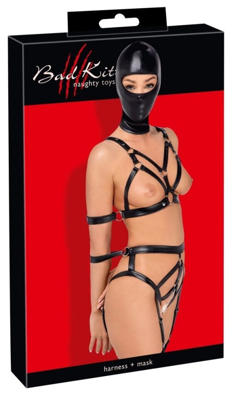 Bad Kitty - Skórzany Zestaw Uprzęży Z Paseczków I Maski Na Głowę XS Bad Kitty Bad Kitty - Skórzany Zestaw Uprzęży Z Paseczków I Maski Na Głowę XS Bad Kitty