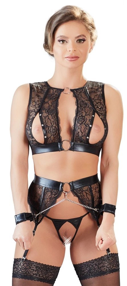 Cottelli Bondage - 3-Częściowy Koronkowy Komplecik Bondage Czarny XL Cottelli BONDAGE Cottelli Bondage - 3-Częściowy Koronkowy Komplecik Bondage Czarny XL Cottelli BONDAGE