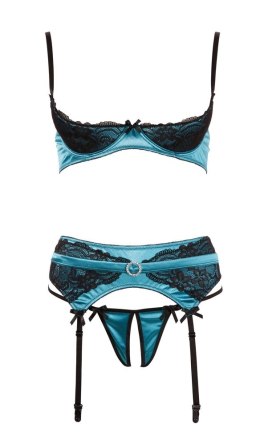 Cottelli LINGERIE - Seksowny 3-Częściowy Komplecik Z Niebieskiej Satyny I Delikatnej Koronki 80B/M Cottelli LINGERIE