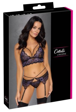Cottelli LINGERIE - Seksowna Koronkowa Braletka Pas Do Pończoch I Stringi Czarny-Fioletowy L Cottelli LINGERIE