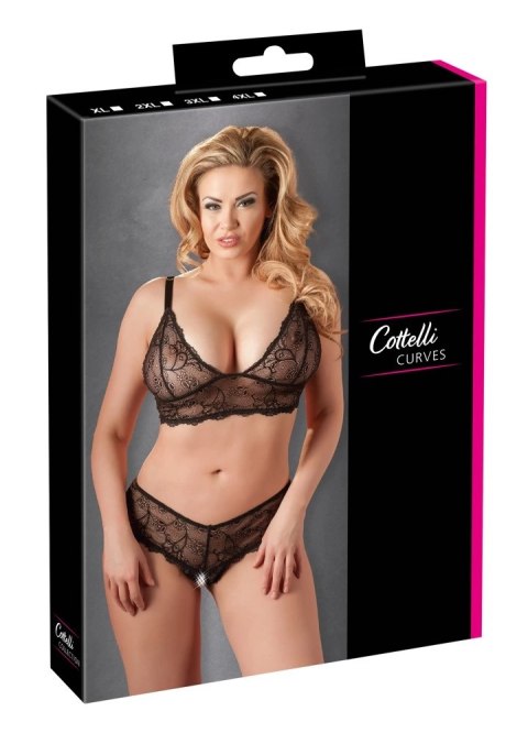 Cottelli CURVES - Czarny Koronkowy Zestaw Stanik Bez Zapięcia I Stringi Bez Kroku XL Cottelli CURVES