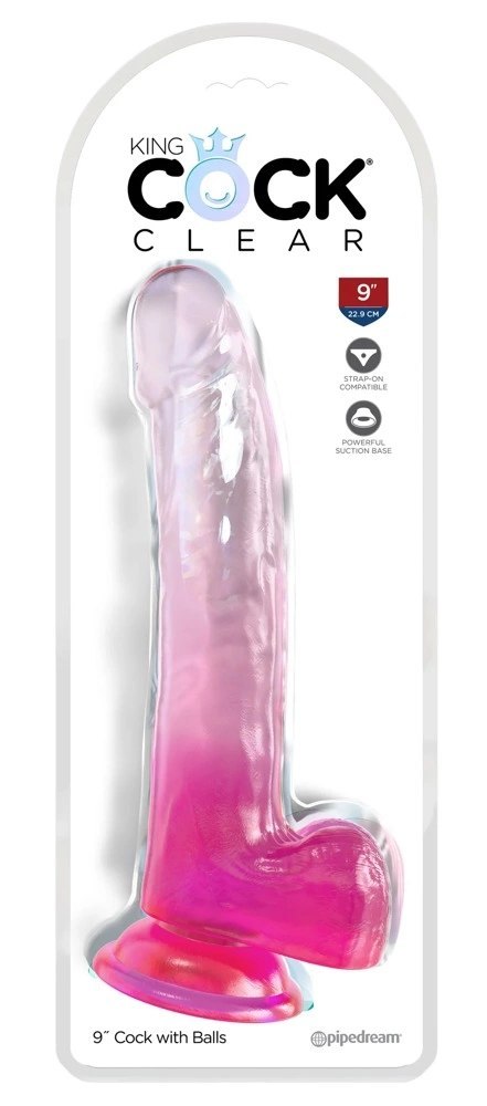 King Cock Clear - Realistyczne Dildo Z Jądrami I Przyssawką Przezroczyste-Różowe 23 CM King Cock Clear